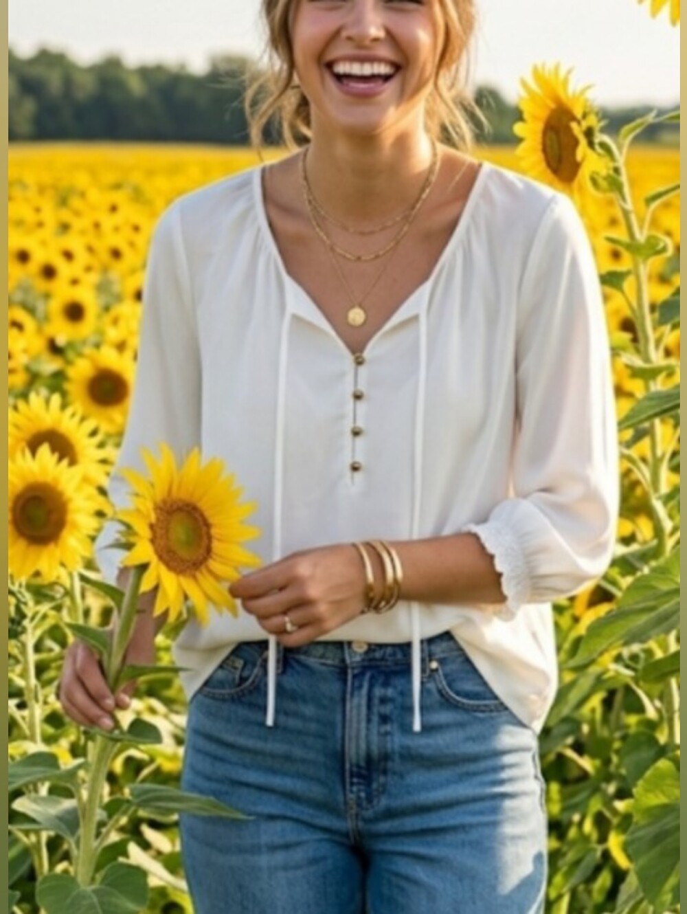 Old Navy White Gold-Button Tie-Neck Peasant Blouse